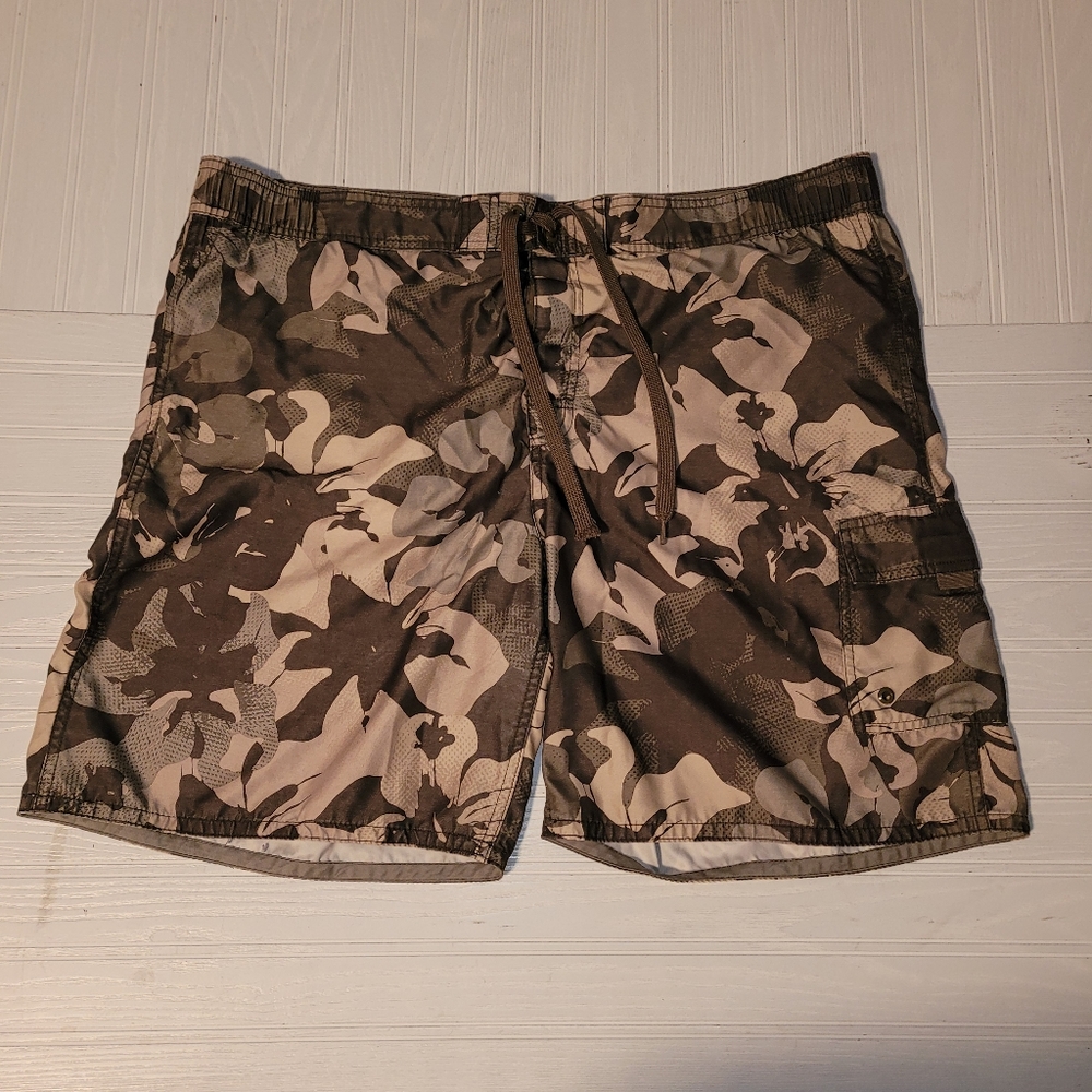 Break Water Swim Trunks Board Shorts Dark Green Tan Tropical Drawstring. Large